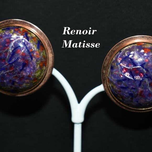 Renoir Matisse Vintage Crackle Lucite Copper Clip Earrings, Designer 1 1/4 Inch - Picture 2 of 10